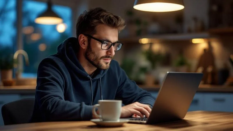 Mann lernt abends am Laptop für seine IHK-Fortbildung in Hildesheim