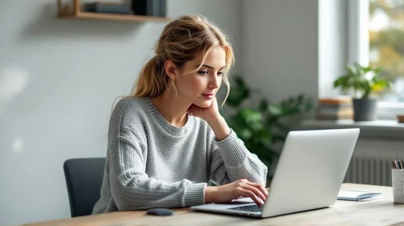Frau arbeitet konzentriert am Laptop in einem hellen Büro in Hildesheim