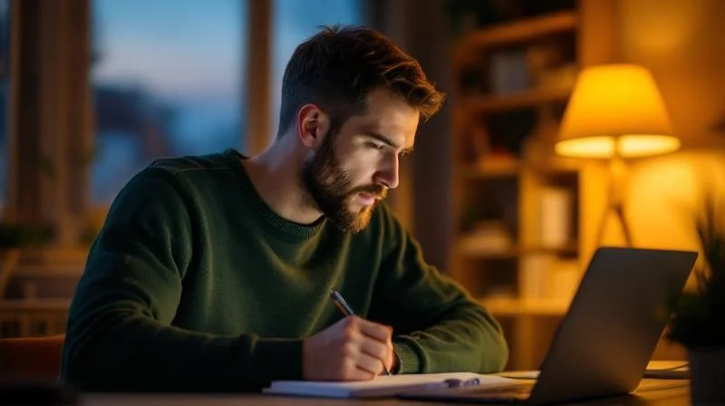 Mann lernt abends am Schreibtisch für den Wirtschaftsfachwirt in Hildesheim